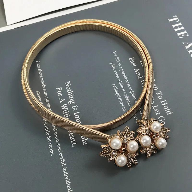 Faux Pearl, Rhinestone, Elastic Gold Chain Belt, Stretch Waistband - Just The Fly Way