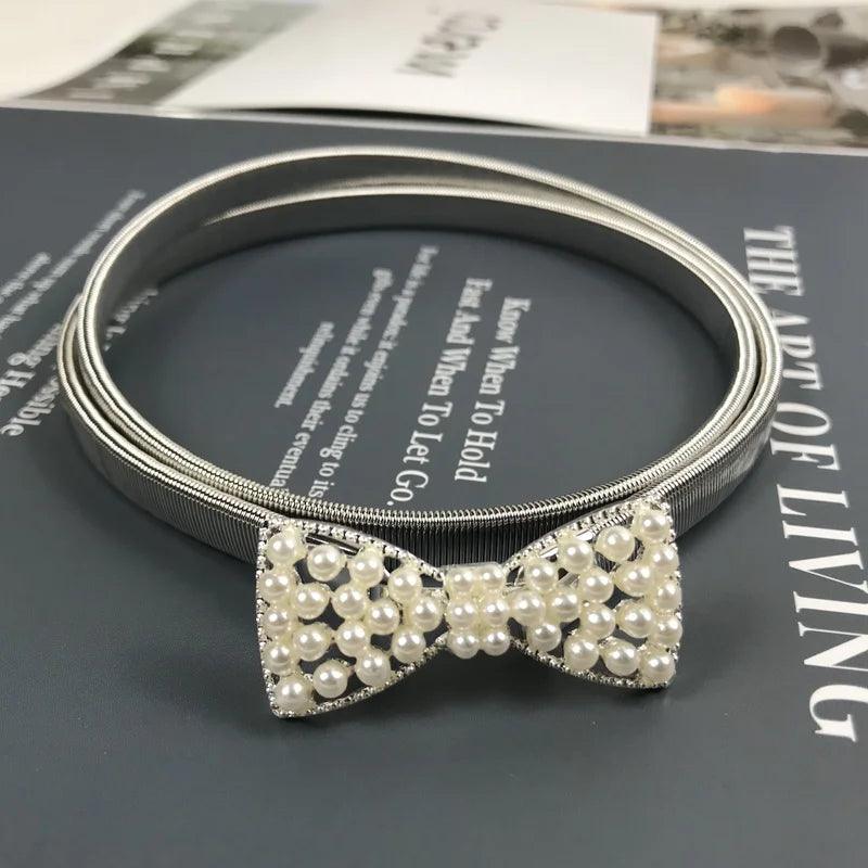 Faux Pearl, Rhinestone, Elastic Gold Chain Belt, Stretch Waistband - Just The Fly Way