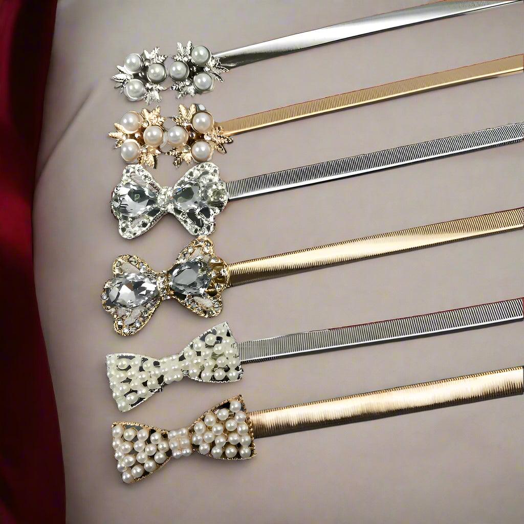 Faux Pearl, Rhinestone, Elastic Gold Chain Belt, Stretch Waistband - Just The Fly Way