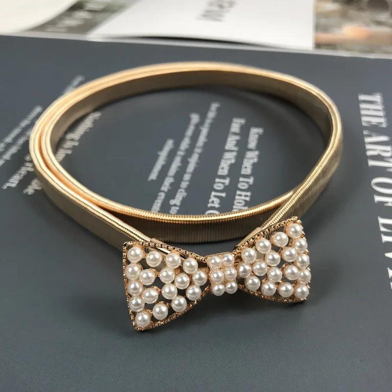 Faux Pearl, Rhinestone, Elastic Gold Chain Belt, Stretch Waistband - Just The Fly Way