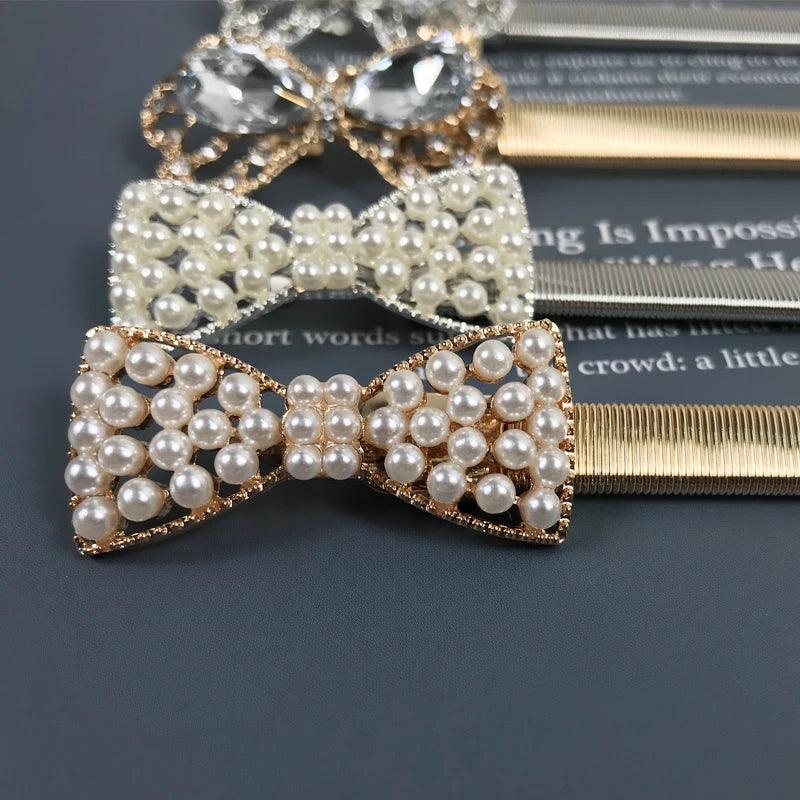 Faux Pearl, Rhinestone, Elastic Gold Chain Belt, Stretch Waistband - Just The Fly Way