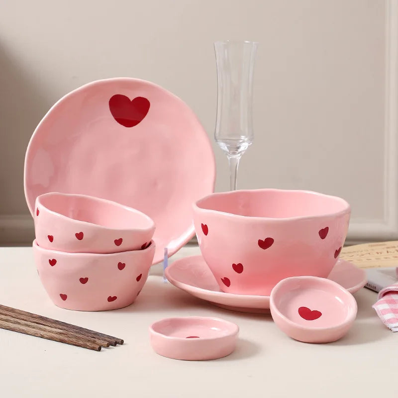 Cute Dinner Tableware Pink Heart Pattern Ceramic - Just The Fly Way