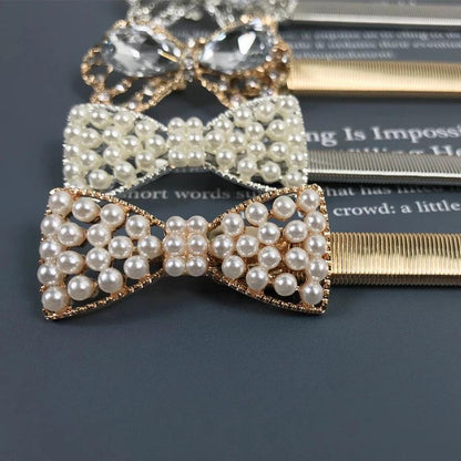 Faux Pearl, Rhinestone, Elastic Gold Chain Belt, Stretch Waistband - Just The Fly Way