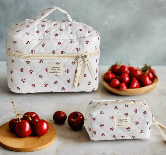 Check Out This Adorable Cherry-Themed Tote! It's a Compact and Portable Makeup Bag - Berry Cherry - Just The Fly Way