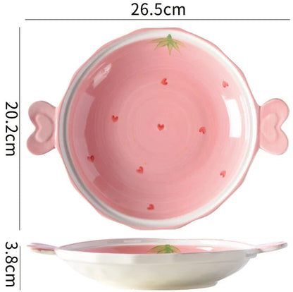 Collectable Strawberry Heart Ceramic Bowl Set: Hand-Painted Pink Plate and Bowl Pottery Dishware - Just The Fly Way