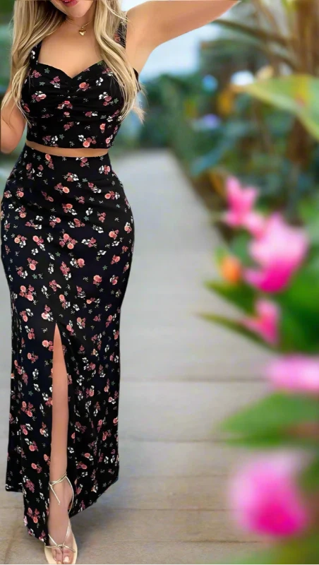 Two Piece Skirt Set, Crop Top and Long Skirt With Slit, Floral Print, High Waist - Just The Fly Way