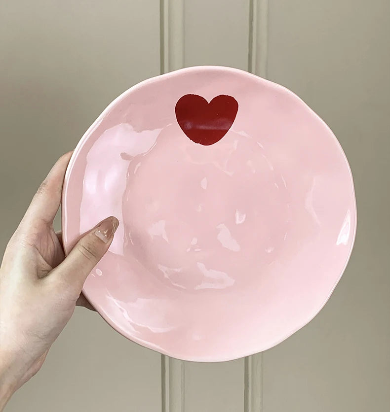 Cute Dinner Tableware Pink Heart Pattern Ceramic - Just The Fly Way