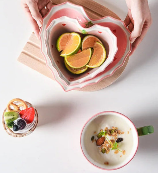 Collectable Strawberry Heart Ceramic Bowl Set: Hand-Painted Pink Plate and Bowl Pottery Dishware - Just The Fly Way