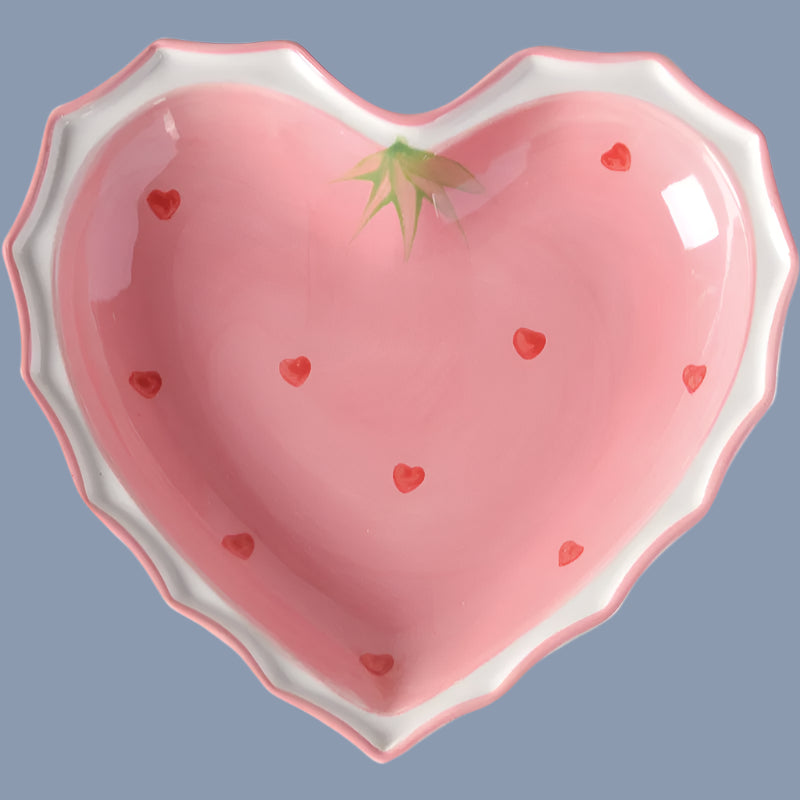 Collectable Strawberry Heart Ceramic Bowl Set: Hand-Painted Pink Plate and Bowl Pottery Dishware - Just The Fly Way