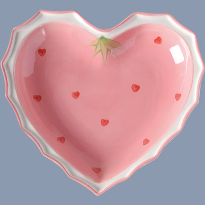 Collectable Strawberry Heart Ceramic Bowl Set: Hand-Painted Pink Plate and Bowl Pottery Dishware - Just The Fly Way