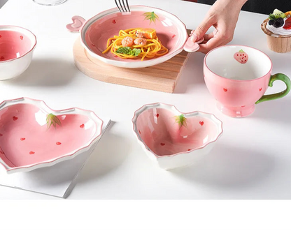 Collectable Strawberry Heart Ceramic Bowl Set: Hand-Painted Pink Plate and Bowl Pottery Dishware - Just The Fly Way