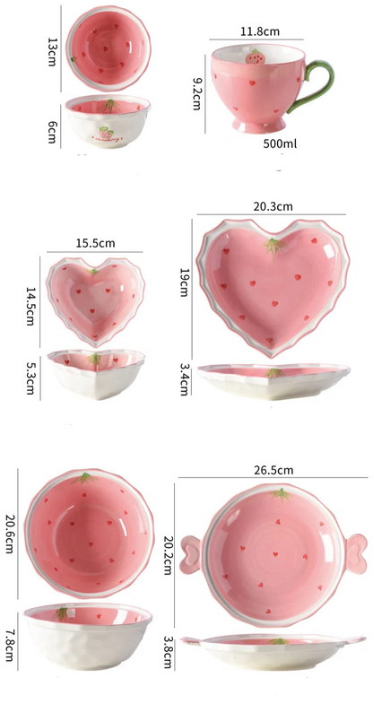 Collectable Strawberry Heart Ceramic Bowl Set: Hand-Painted Pink Plate and Bowl Pottery Dishware - Just The Fly Way