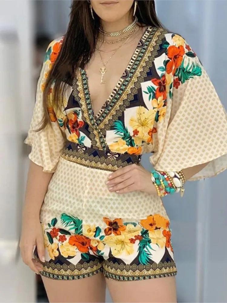 V-neck Short Sleeve Romper In Various Prints: Extended Sizes S-3XL - Just The Fly Way