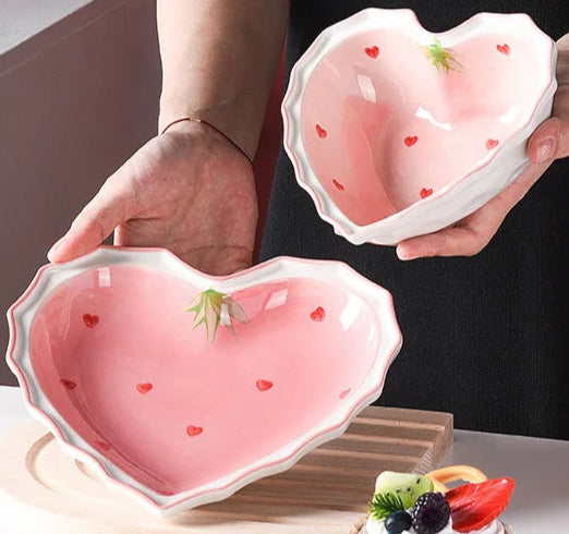 Collectable Strawberry Heart Ceramic Bowl Set: Hand-Painted Pink Plate and Bowl Pottery Dishware - Just The Fly Way