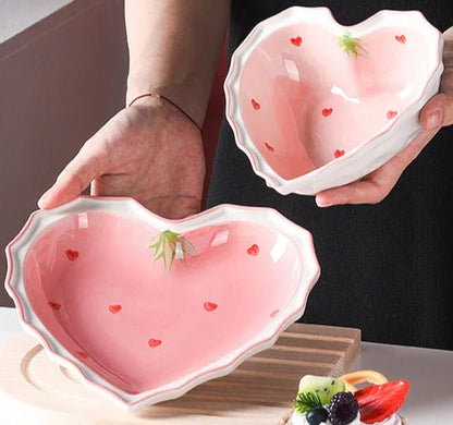 Collectable Strawberry Heart Ceramic Bowl Set: Hand-Painted Pink Plate and Bowl Pottery Dishware - Just The Fly Way