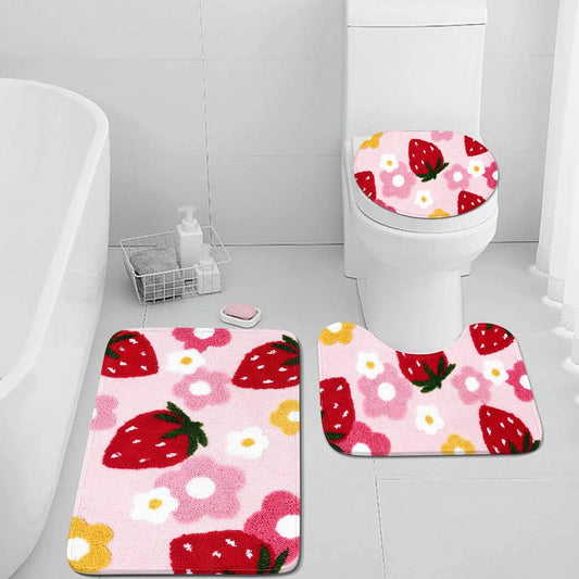 Charming Three-Piece Strawberry Bathroom Rug Set for a Delightful Decor Upgrade - Just The Fly Way