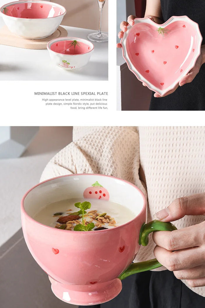 Collectable Strawberry Heart Ceramic Bowl Set: Hand-Painted Pink Plate and Bowl Pottery Dishware - Just The Fly Way