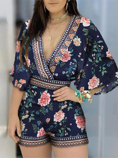 V-neck Short Sleeve Romper In Various Prints: Extended Sizes S-3XL - Just The Fly Way