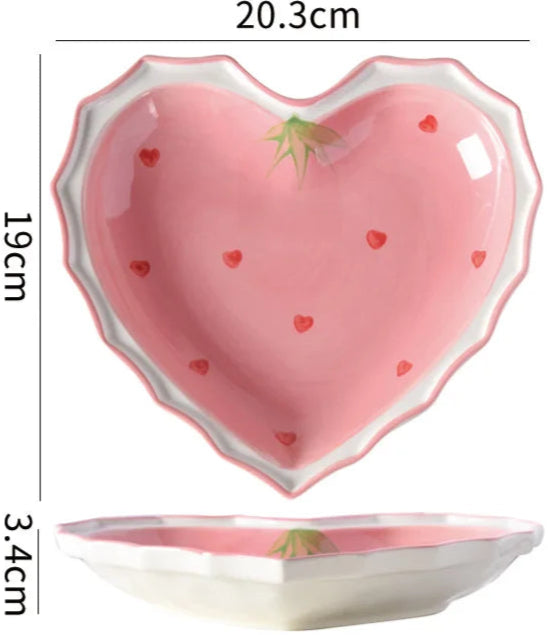 Collectable Strawberry Heart Ceramic Bowl Set: Hand-Painted Pink Plate and Bowl Pottery Dishware - Just The Fly Way