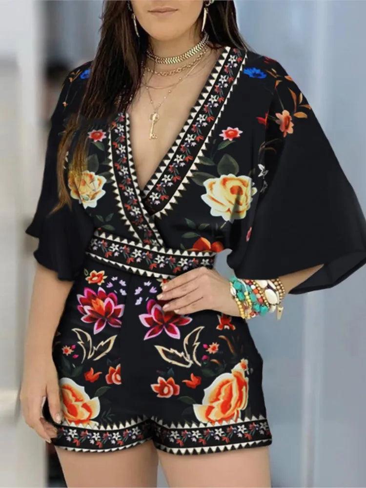 V-neck Short Sleeve Romper In Various Prints: Extended Sizes S-3XL - Just The Fly Way