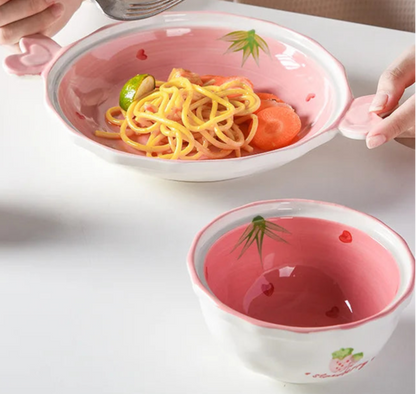 Collectable Strawberry Heart Ceramic Bowl Set: Hand-Painted Pink Plate and Bowl Pottery Dishware - Just The Fly Way