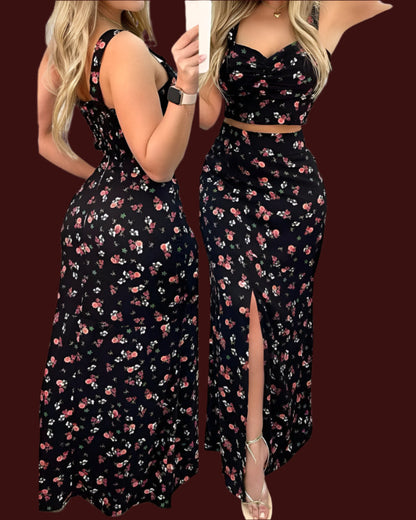 Two Piece Skirt Set, Crop Top and Long Skirt With Slit, Floral Print, High Waist - Just The Fly Way