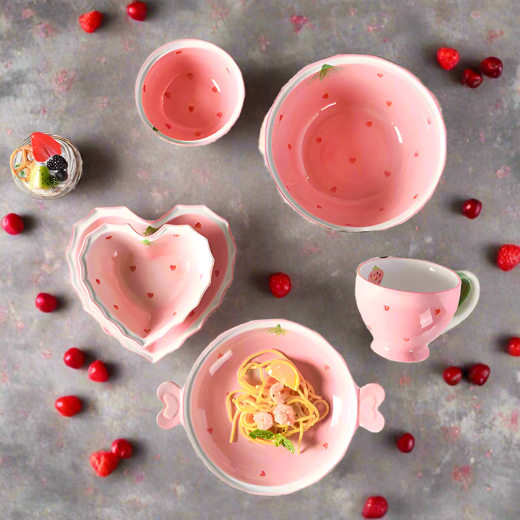 Collectable Strawberry Heart Ceramic Bowl Set: Hand-Painted Pink Plate and Bowl Pottery Dishware - Just The Fly Way