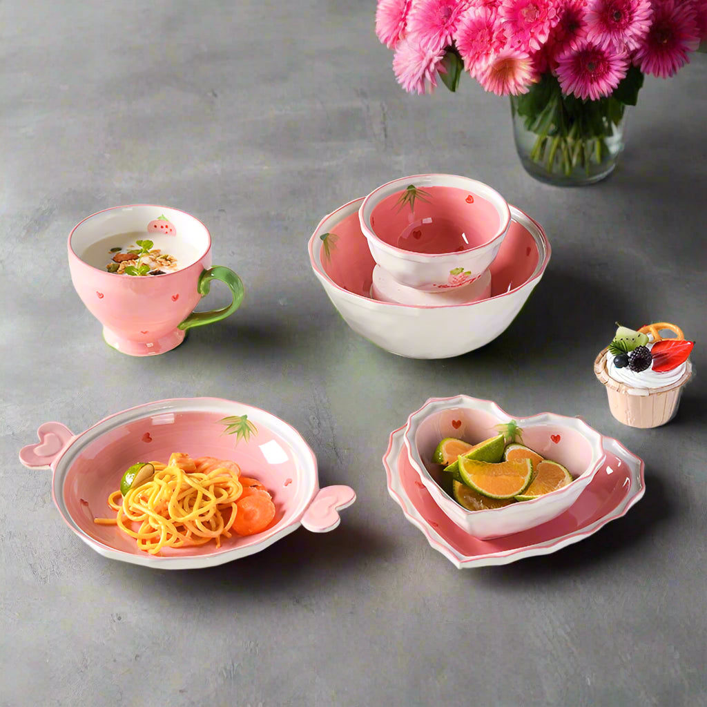 Collectable Strawberry Heart Ceramic Bowl Set: Hand-Painted Pink Plate and Bowl Pottery Dishware - Just The Fly Way