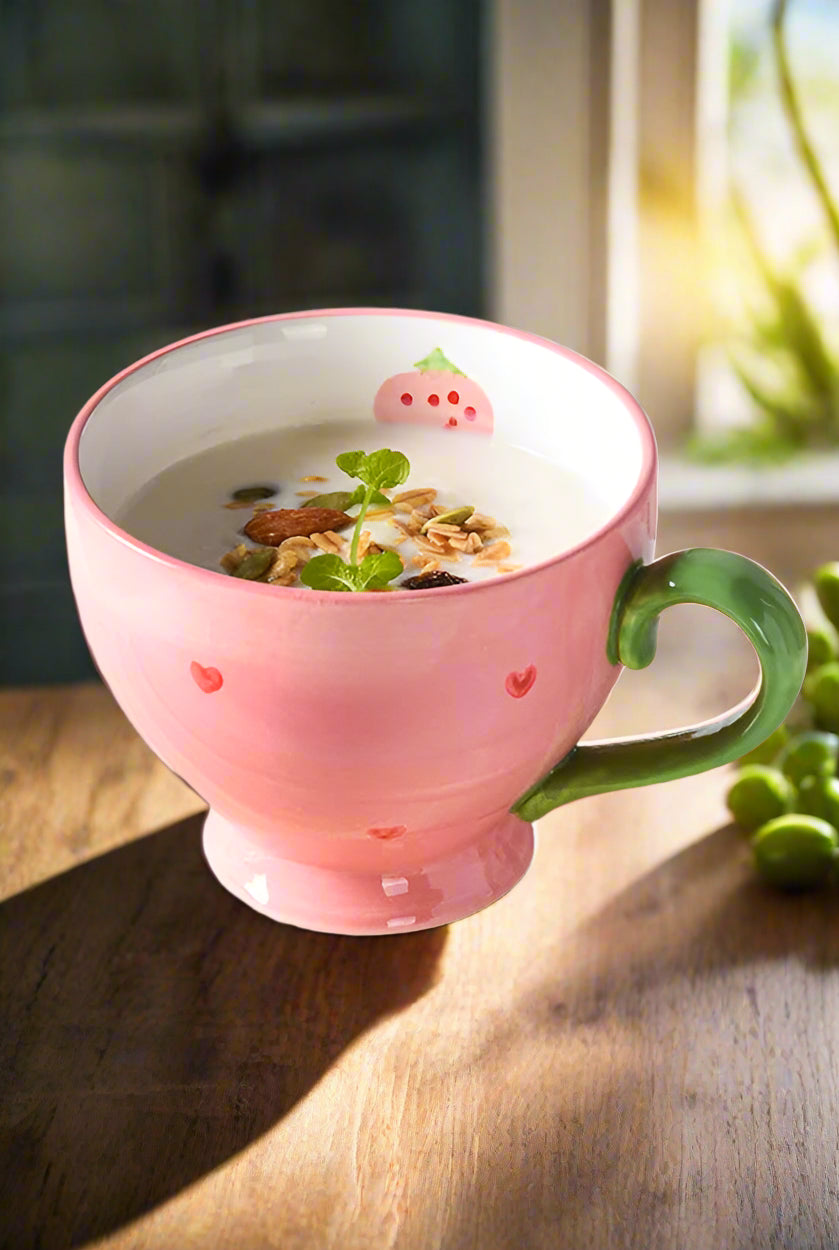 Collectable Strawberry Heart Ceramic Bowl Set: Hand-Painted Pink Plate and Bowl Pottery Dishware - Just The Fly Way