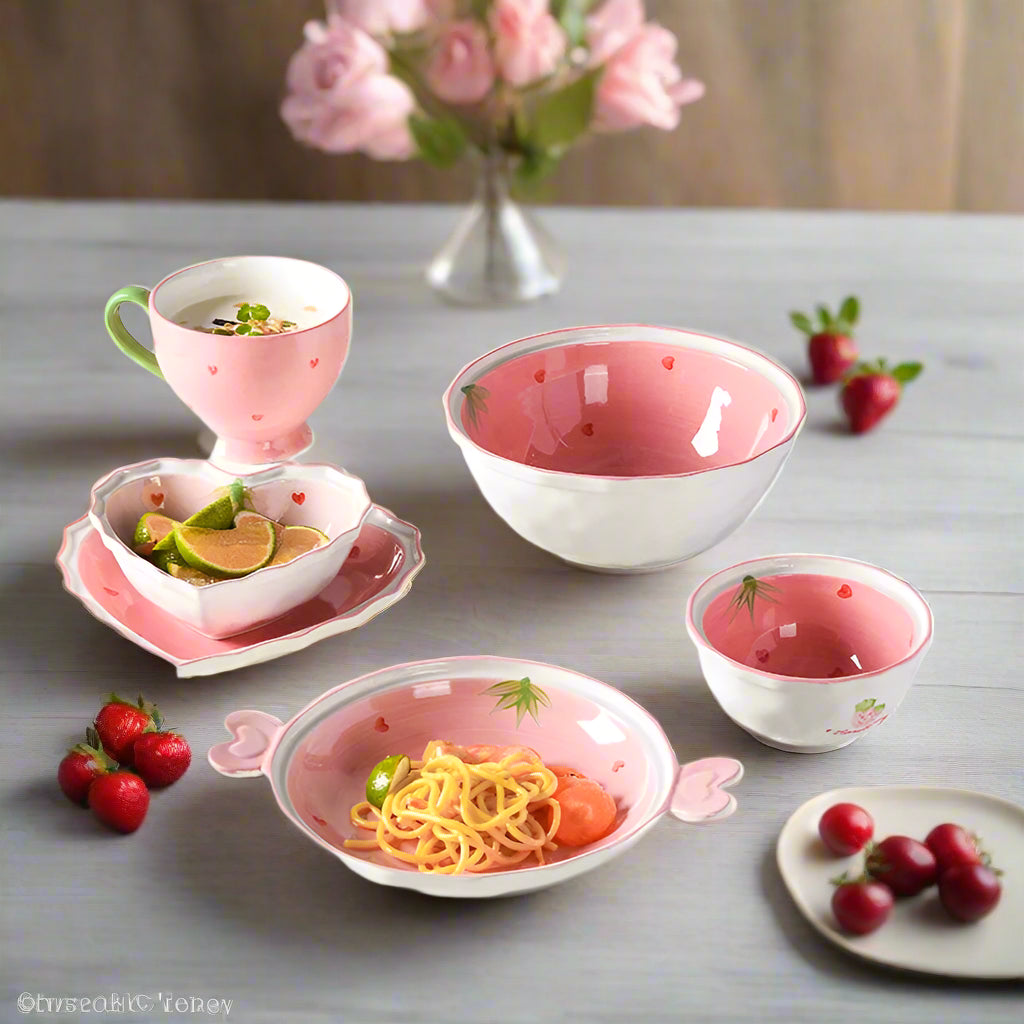 Collectable Strawberry Heart Ceramic Bowl Set: Hand-Painted Pink Plate and Bowl Pottery Dishware - Just The Fly Way