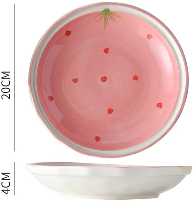 Collectable Strawberry Heart Ceramic Bowl Set: Hand-Painted Pink Plate and Bowl Pottery Dishware - Just The Fly Way
