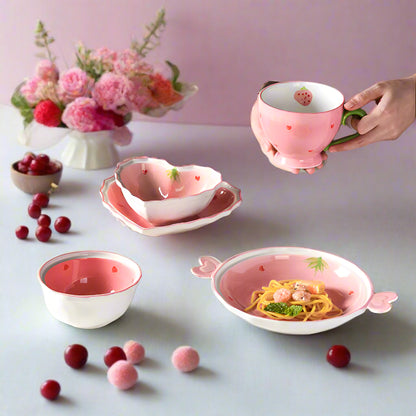 Collectable Strawberry Heart Ceramic Bowl Set: Hand-Painted Pink Plate and Bowl Pottery Dishware - Just The Fly Way