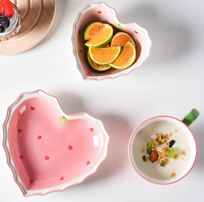 Collectable Strawberry Heart Ceramic Bowl Set: Hand-Painted Pink Plate and Bowl Pottery Dishware - Just The Fly Way